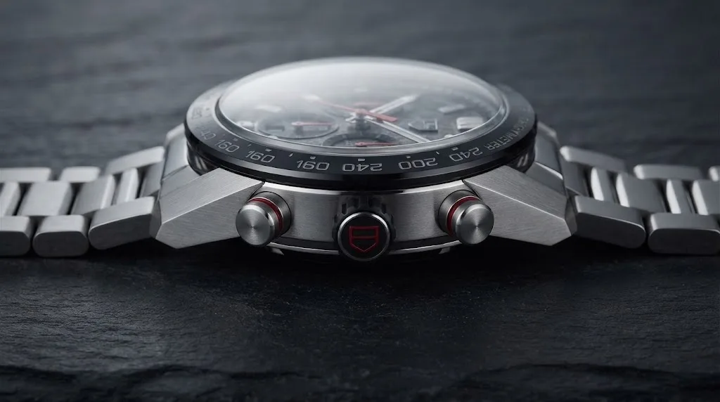 Illustrative render — reading the listing of the TAG Heuer Carrera Chronograph x Porsche 44mm CBN2A1F.BA0643 (steel, grey asphalt dial, steel bracelet, TH20-00)