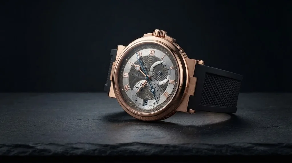 Illustrative render — rubber on gold of the Breguet Marine Dual Time 5857 (18k rose gold, rubber)