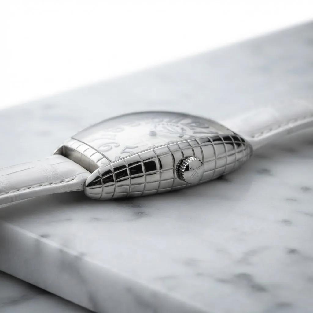 Illustrative render — reading the listing of the Franck Muller Casablanca Crazy Hours Iron Croco 8880 CH IRON CRO (steel, crocodile-relief case and dial, white alligator strap)