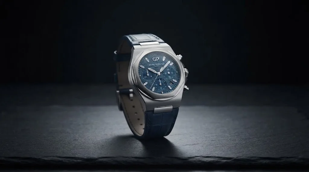 Illustrative render — strap, not bracelet of the Girard-Perregaux Laureato Chronograph 42mm (steel, blue dial)
