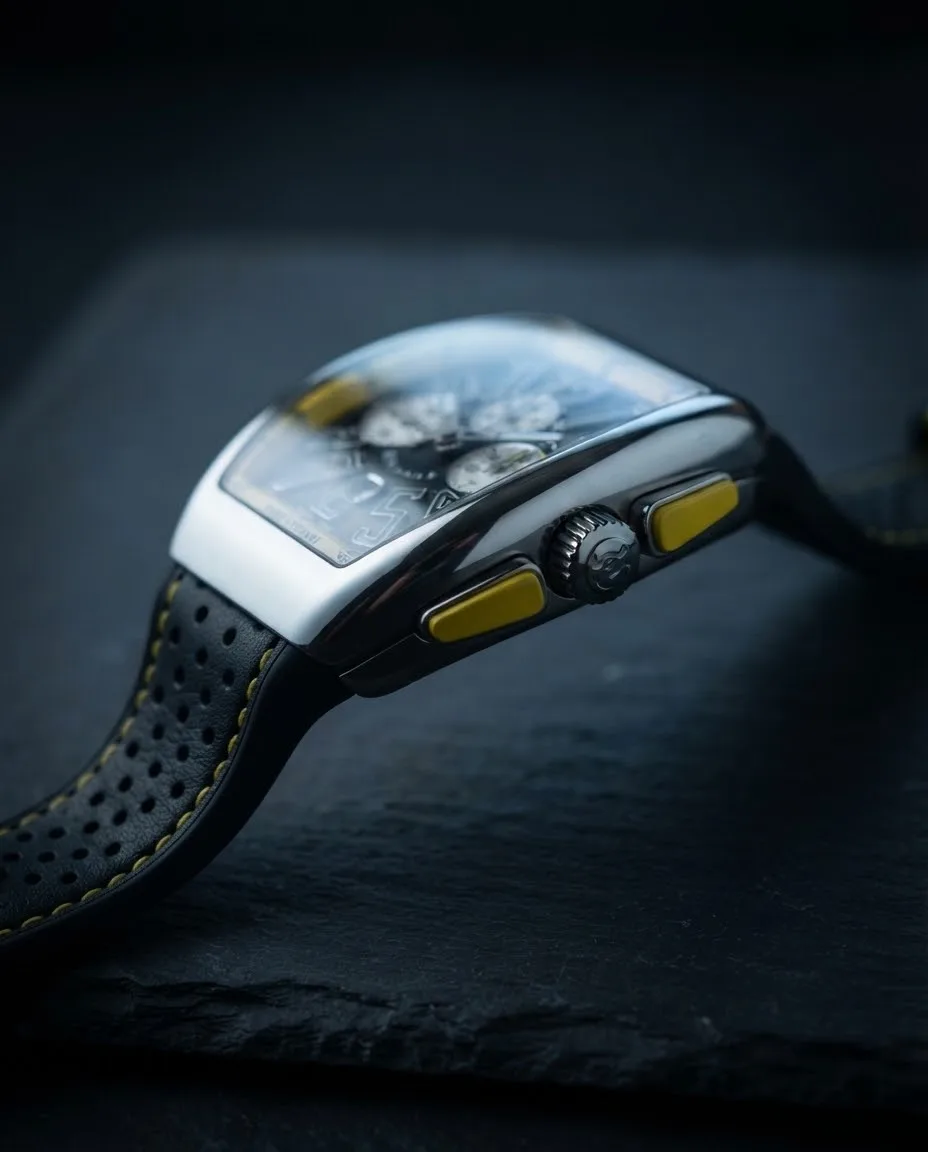 Illustrative render — reading the listing of the Franck Muller Vanguard Racing V 45 CC DT chronograph (steel, black dial, yellow flange, black leather-insert rubber strap)