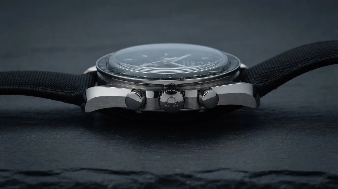 Illustrative render — reading the listing of the Omega Speedmaster Moonwatch Professional Co-Axial Master Chronometer 42mm 310.32.42.50.01.001 (hesalite, black nylon strap)