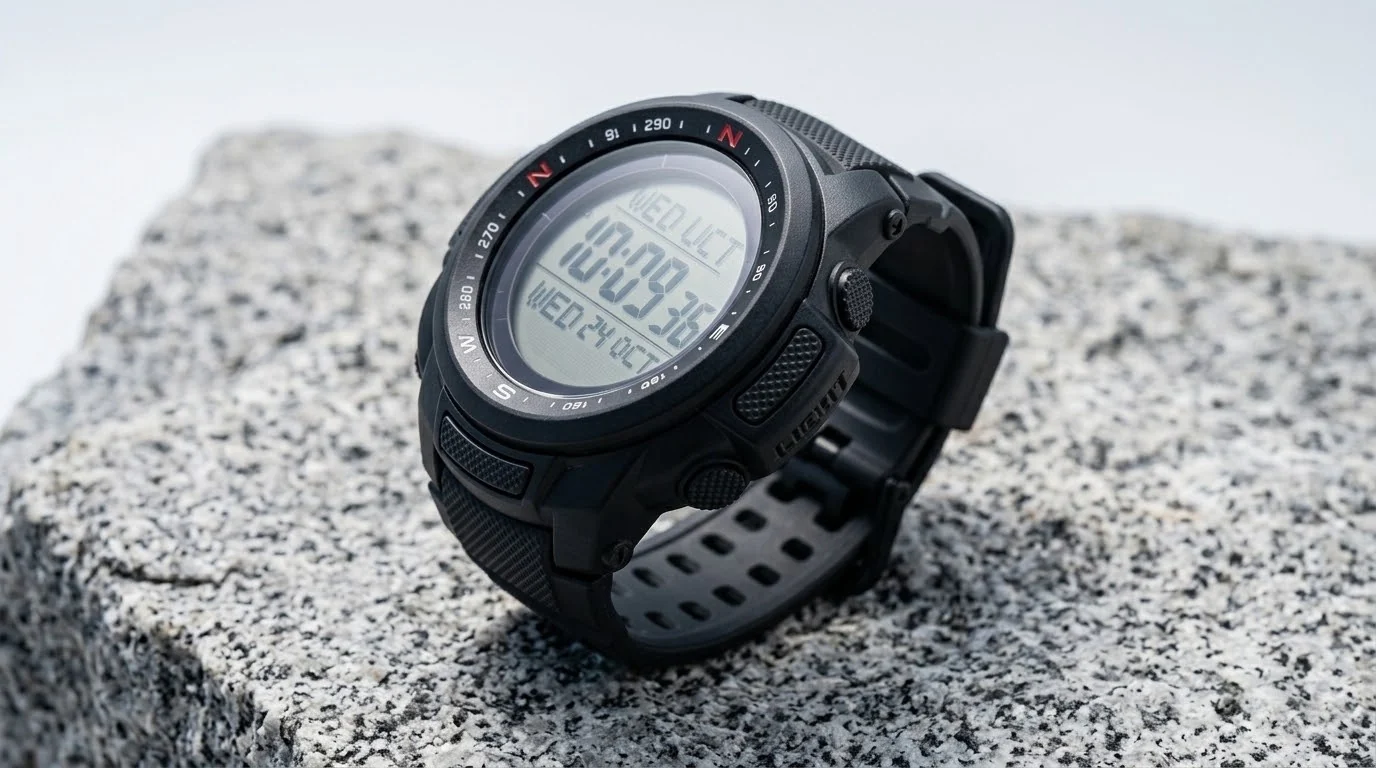 Illustrative render — built from biomass of the Casio Pro Trek PRG340-1