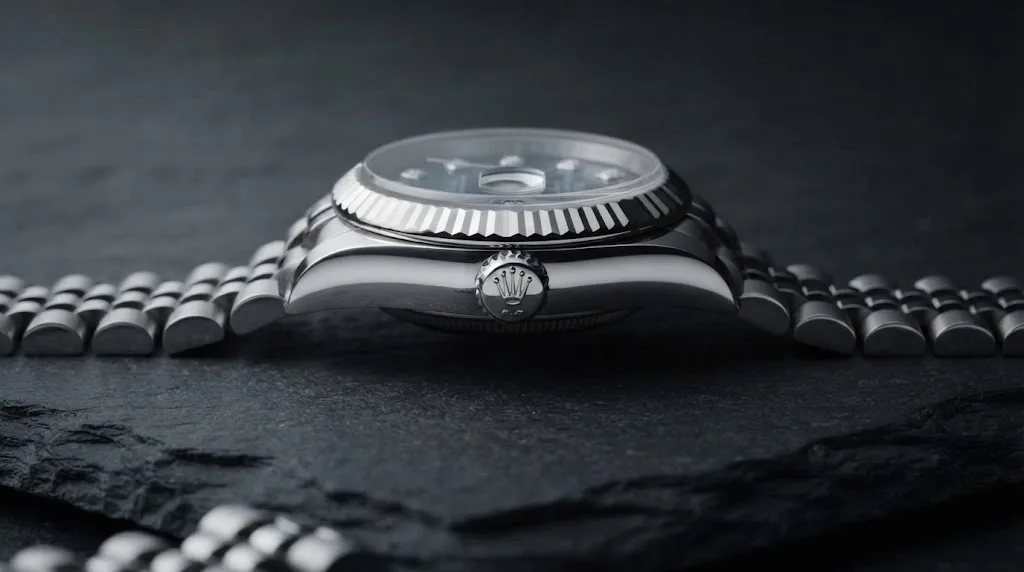 Illustrative render — reading the listing of the Rolex Lady-Datejust 26 (steel, white gold fluted bezel, blue diamond dial, Jubilee bracelet, dated card, pre-owned)