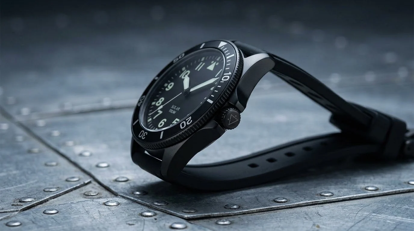 Illustrative render — a pilot dial, a diver bezel of the AREXTN Photon Solar Pilot