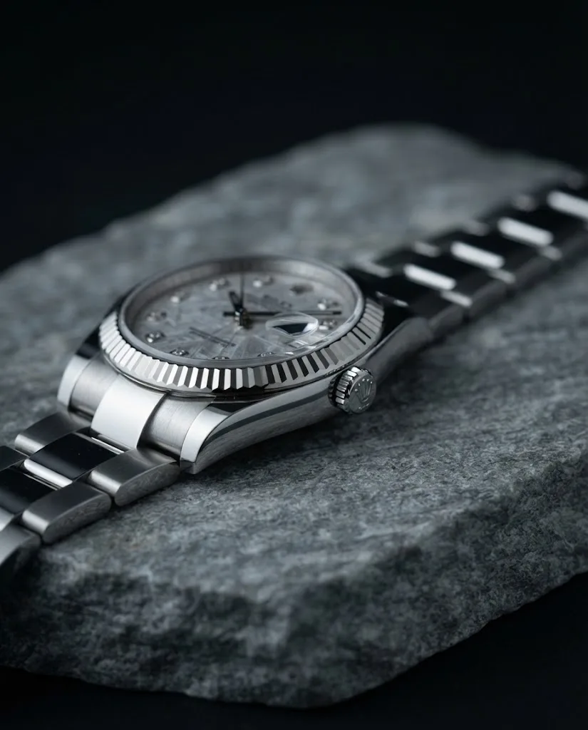 Illustrative render — reading the listing of the Rolex Datejust 31 78274 (steel, white gold fluted bezel, meteorite diamond dial, box and papers)