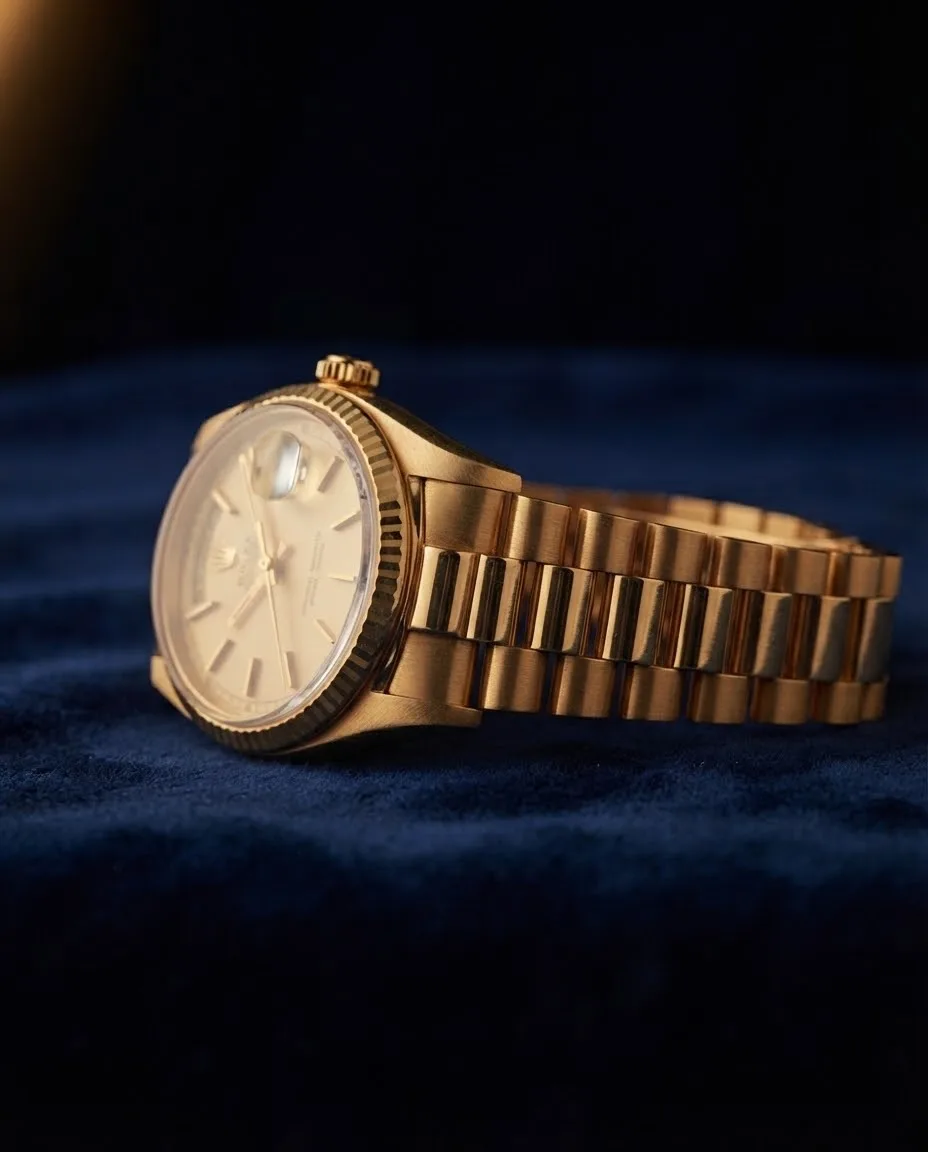 Illustrative render — reading the listing of the Rolex Oyster Perpetual Date 15238 (18k yellow gold, 34mm, champagne dial)