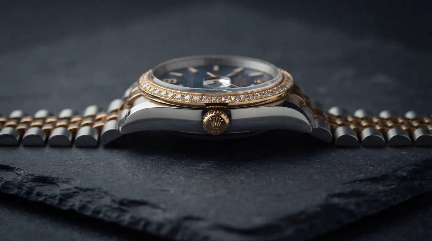 Illustrative render — reading the listing of the Rolex Datejust 36 ref. 116243 (steel and 18k yellow gold, diamond-set bezel, blue wave dial with diamond 6 and 9, Jubilee bracelet, box and papers, pre-owned)