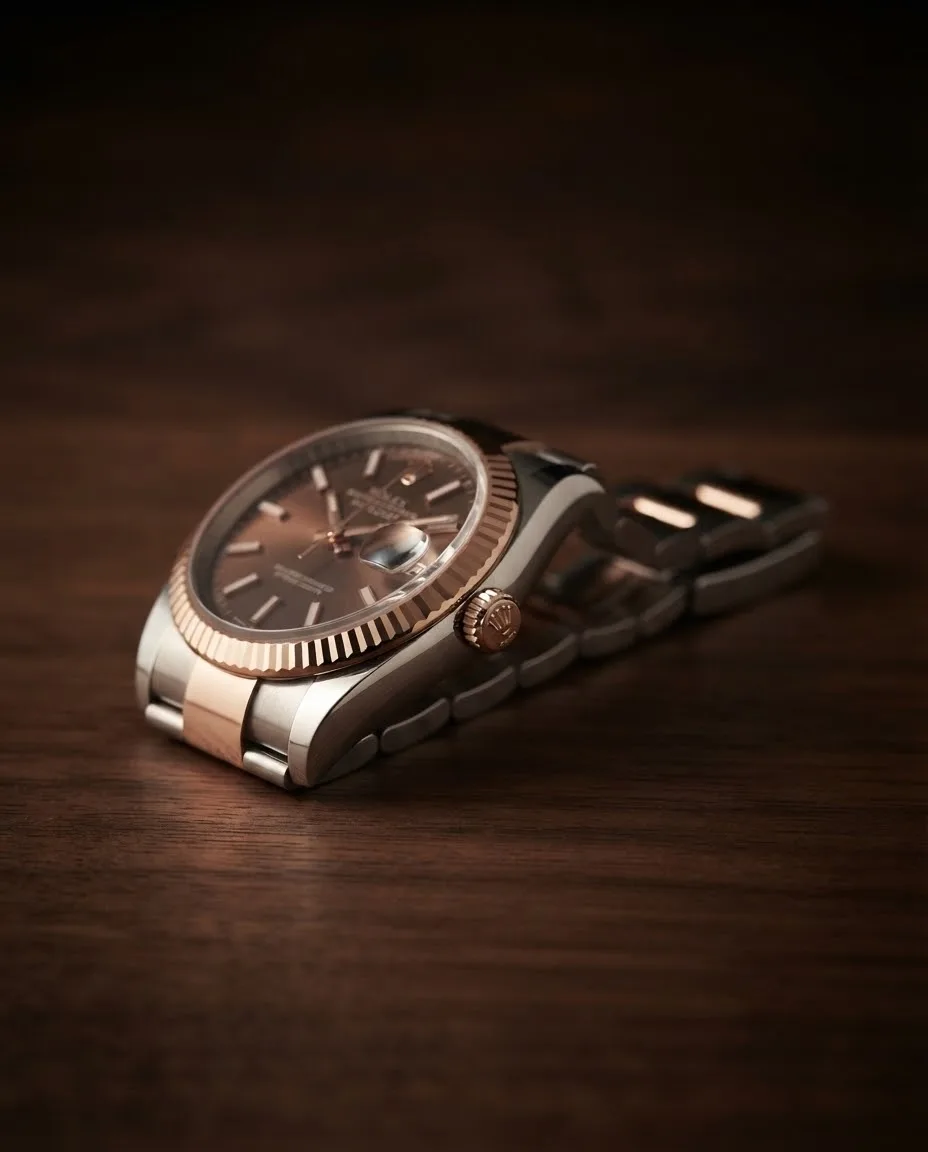 Illustrative render — which reference this is of the Rolex Datejust 36 (Everose Rolesor, chocolate dial)