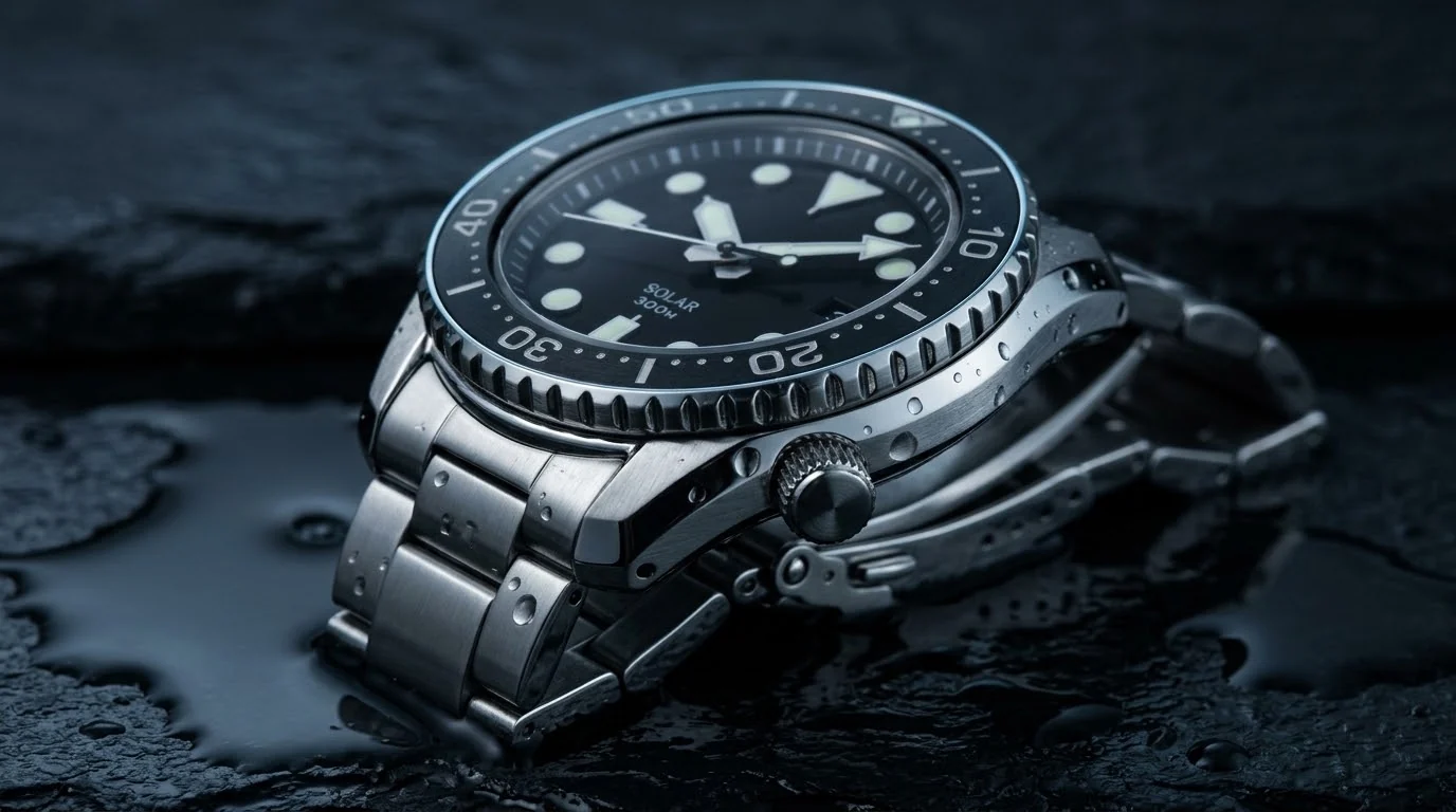 Illustrative render — steel and a real bezel of the AREXTN Triton Solar Dive