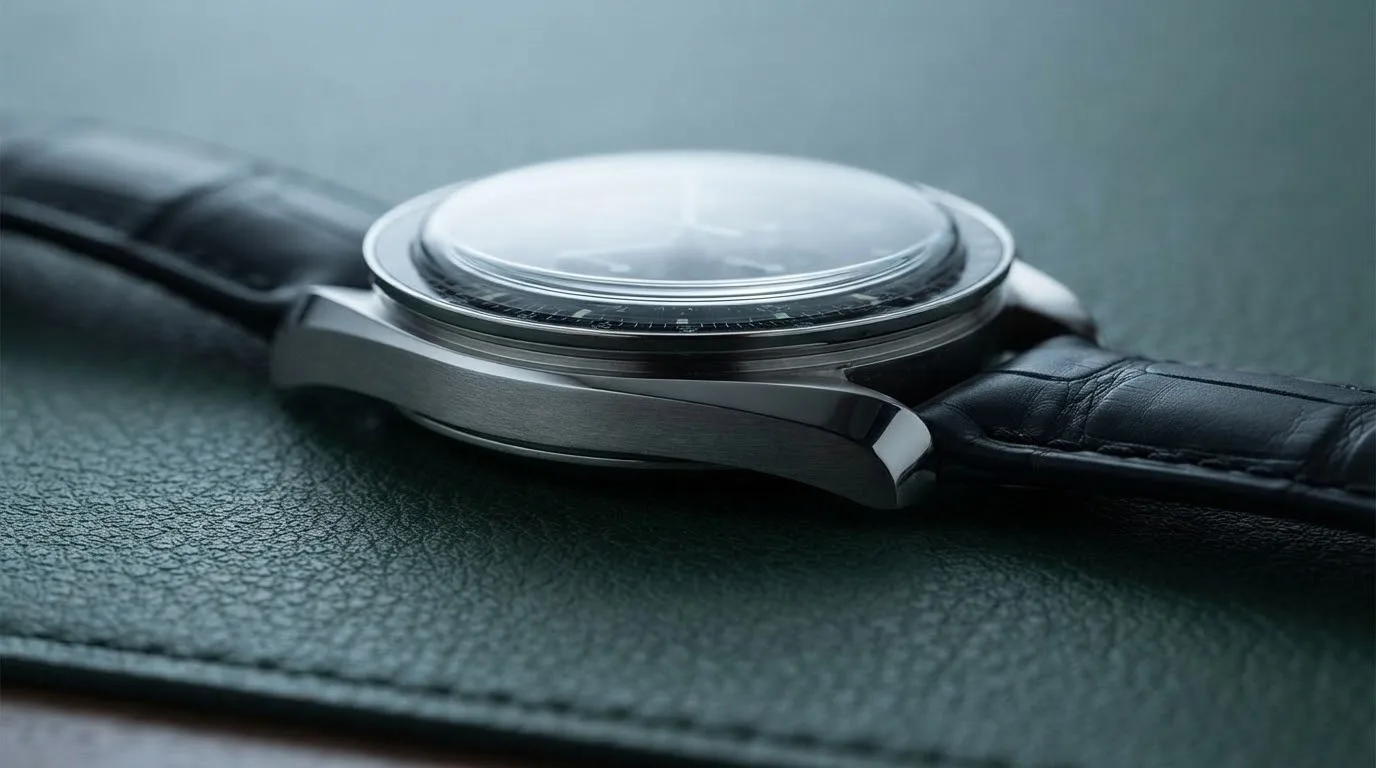 Illustrative render — reading the listing of the Omega Speedmaster Moonwatch Professional 42mm 311.33.42.30.01.002 (calibre 1863, sapphire front and back, black leather strap)