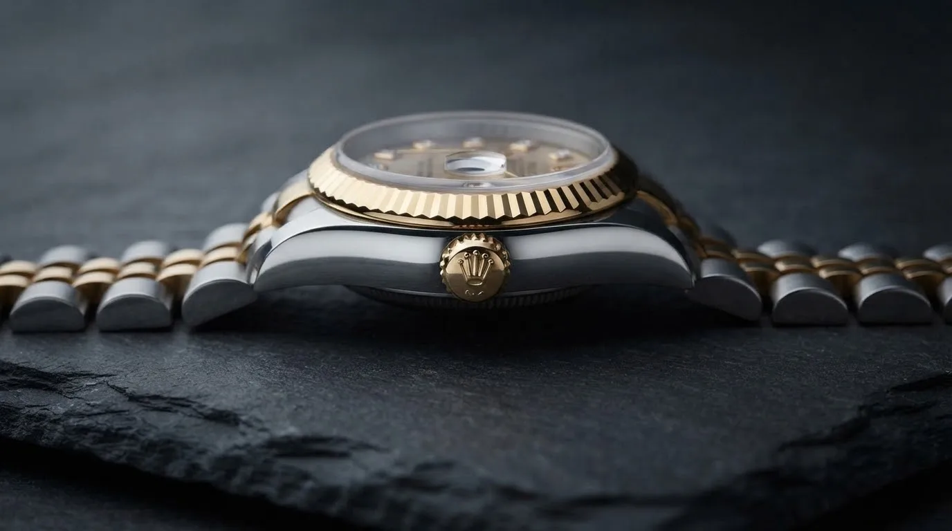 Illustrative render — reading the listing of the Rolex Lady-Datejust 26 ref. 179173 (steel and 18k yellow gold, champagne Jubilee-pattern dial with diamond markers, fluted bezel, Jubilee bracelet, pre-owned)