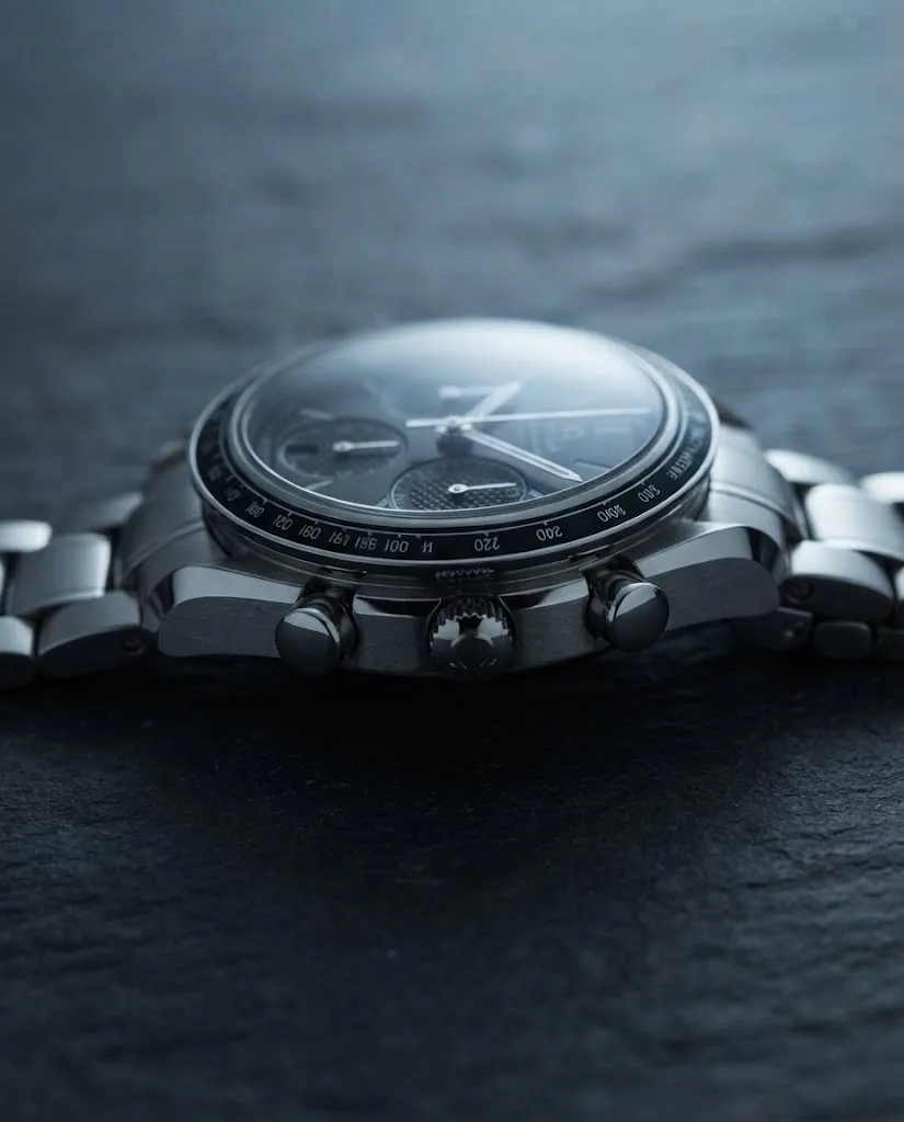 Illustrative render — reading the listing of the Omega Speedmaster Racing Co-Axial Chronograph 40mm (steel, black dial, bracelet)