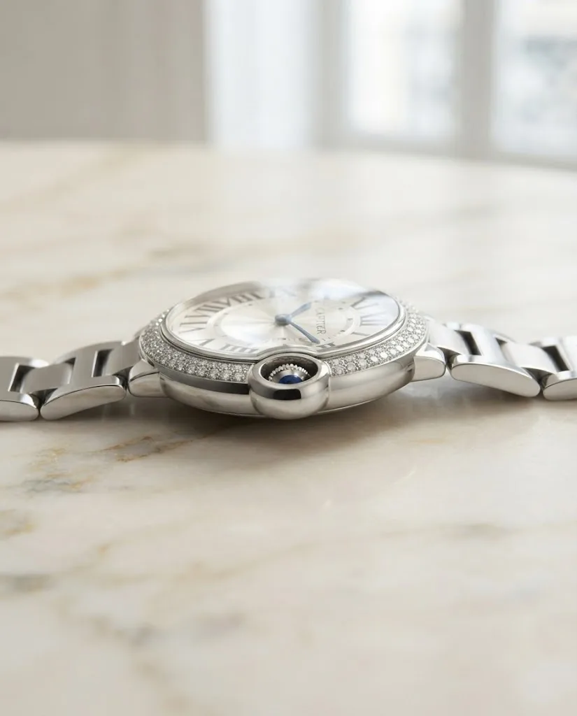 Illustrative render — reading the listing of the Cartier Ballon Bleu de Cartier 28mm quartz (steel, diamond-set bezel, silver dial, steel bracelet)