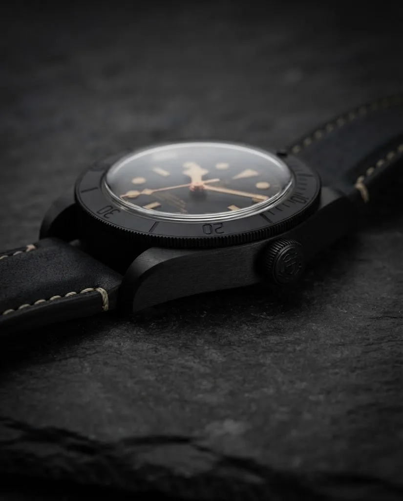 Illustrative render — reading the listing of the Tudor Black Bay Ceramic M79210CNU-0001 (black ceramic, black dial, hybrid strap)