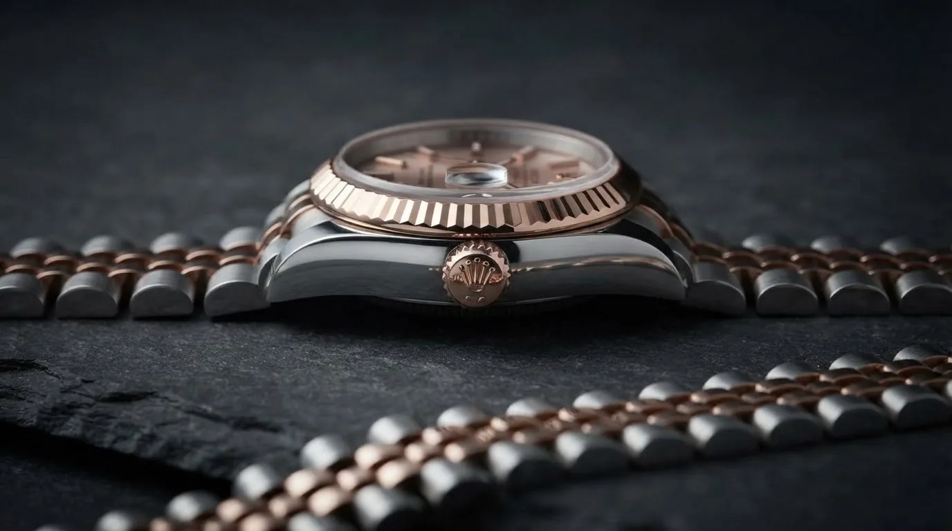 Illustrative render — reading the listing of the Rolex Lady-Datejust 26 ref. 179171 (steel and 18k Everose gold, pink dial, fluted bezel, Jubilee bracelet, pre-owned)