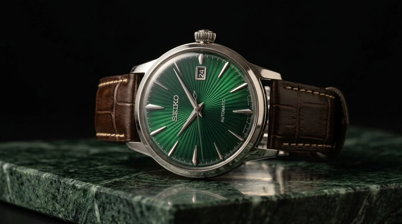 Illustrative render — inside: the 4r35 of the Seiko Presage Cocktail Time SRPE15