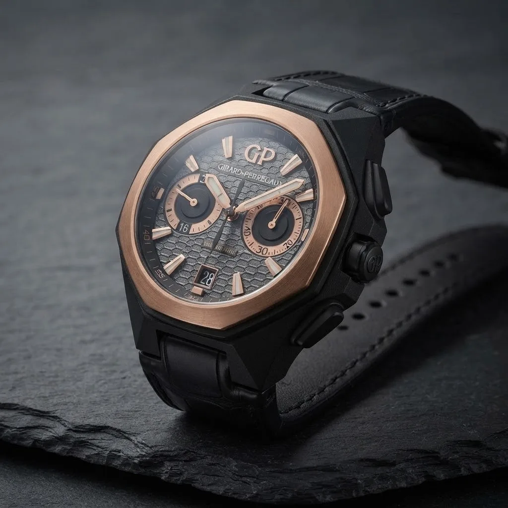 Illustrative render — reading the listing of the Girard-Perregaux Chrono Hawk Hollywoodland 49970-34-232-BB6A (black DLC titanium, rose gold bezel, grey honeycomb dial)