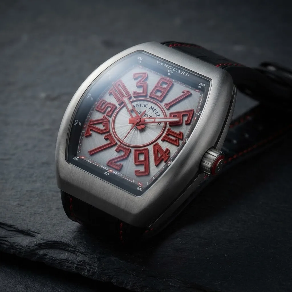 Illustrative render — reading the listing of the Franck Muller Vanguard Crazy Hours V 45 CH BR (brushed steel, red numerals, black alligator strap)