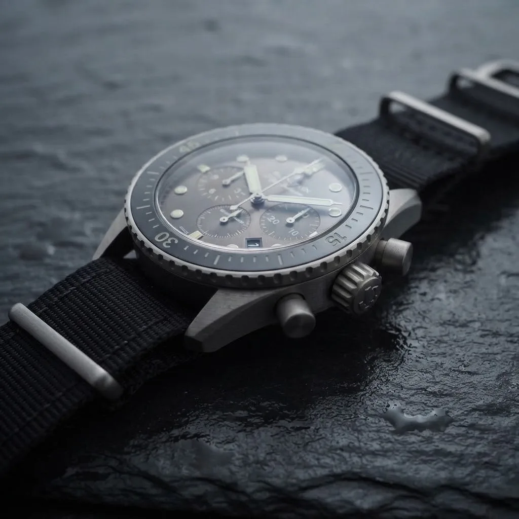 Illustrative render — reading the listing of the Blancpain Fifty Fathoms Bathyscaphe Chronographe Flyback 5200-1110-NABA (steel, meteor grey dial, NATO strap)