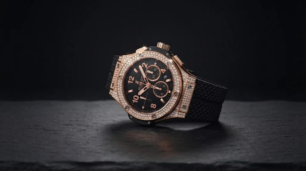 Illustrative render — what the listing gets wrong of the Hublot Big Bang 44mm (rose gold, pavé diamonds)