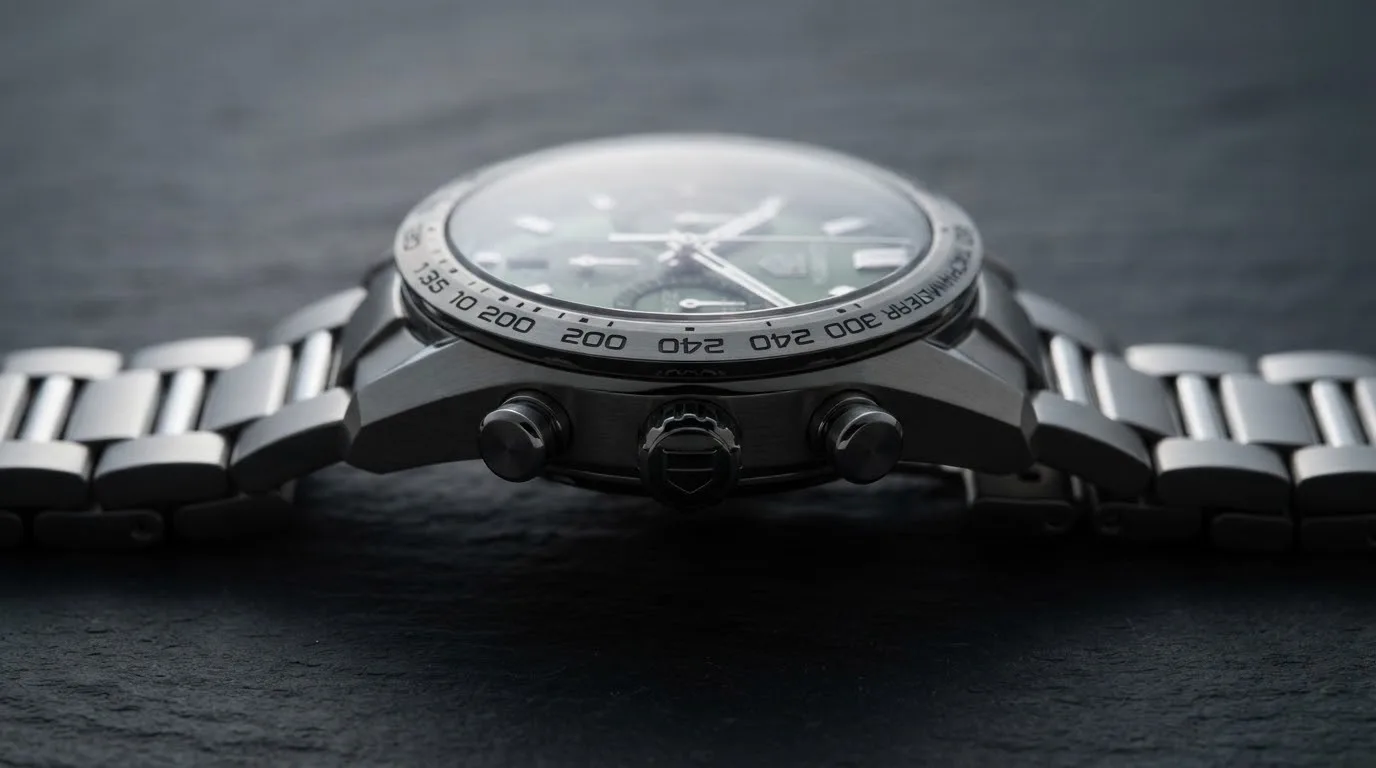 Illustrative render — reading the listing of the TAG Heuer Carrera Chronograph 44mm CBN2A10.BA0643 (steel, green dial, steel bracelet, Calibre Heuer 02)