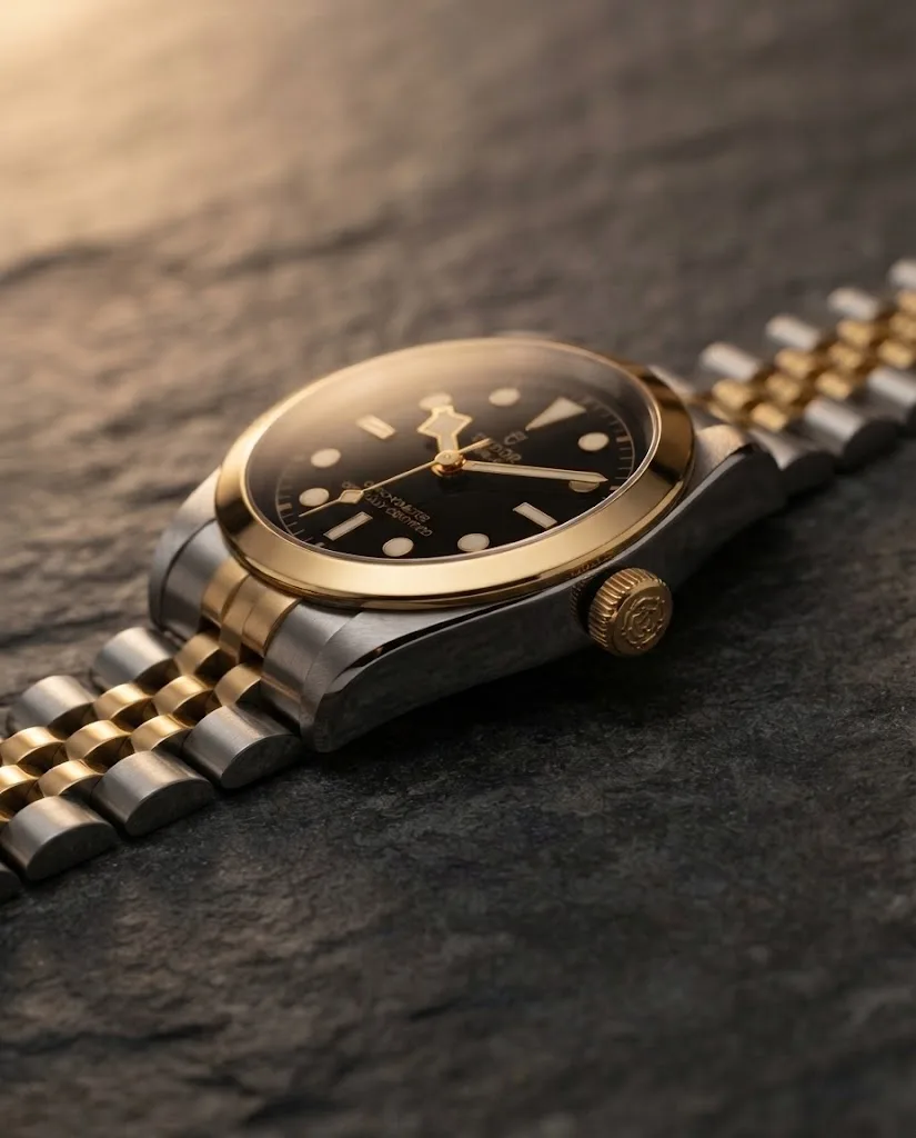 Illustrative render — reading the listing of the Tudor Black Bay 41 S&G M79683-0001 (steel and yellow gold, black dial, two-tone bracelet)