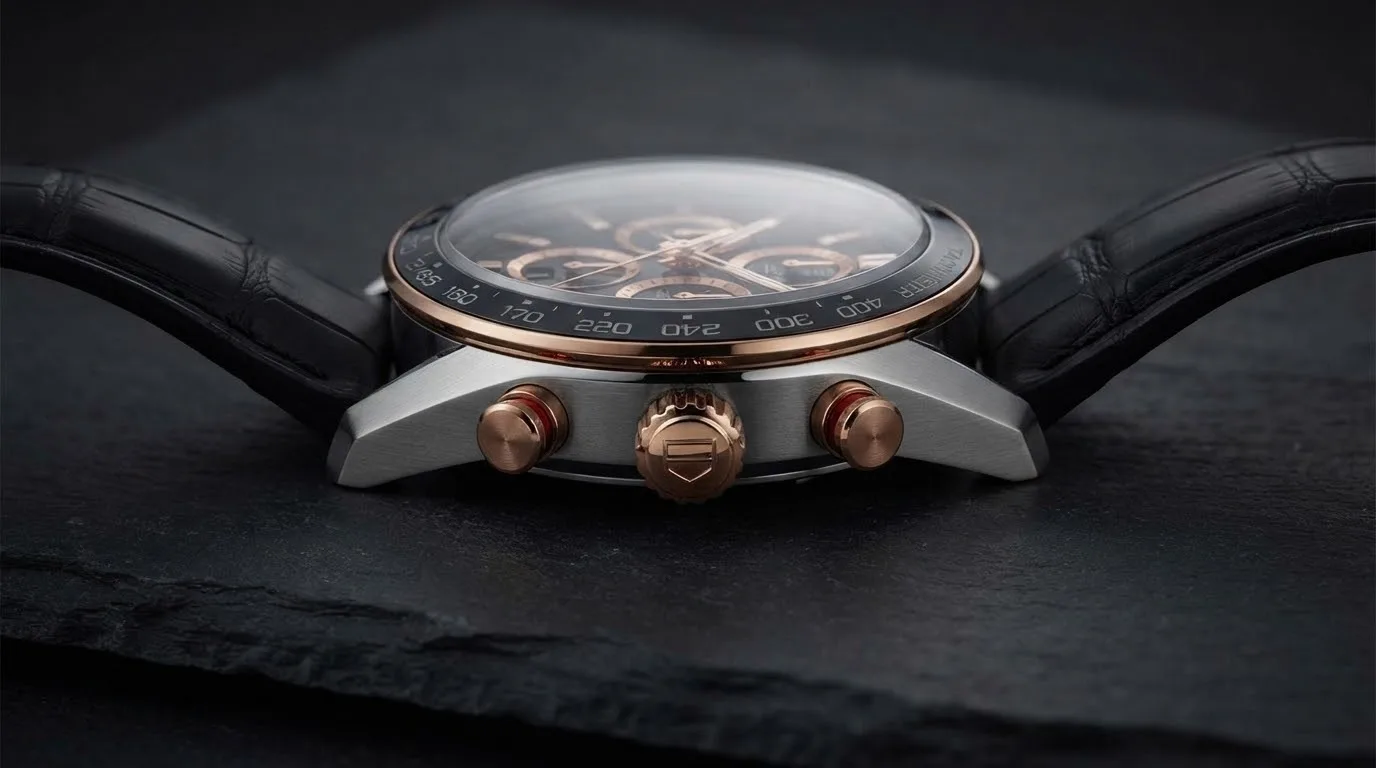 Illustrative render — reading the listing of the TAG Heuer Carrera Chronograph 44mm CBN2A5A.FC6481 (steel and 18k rose gold, black dial, black alligator strap, TH20-00)