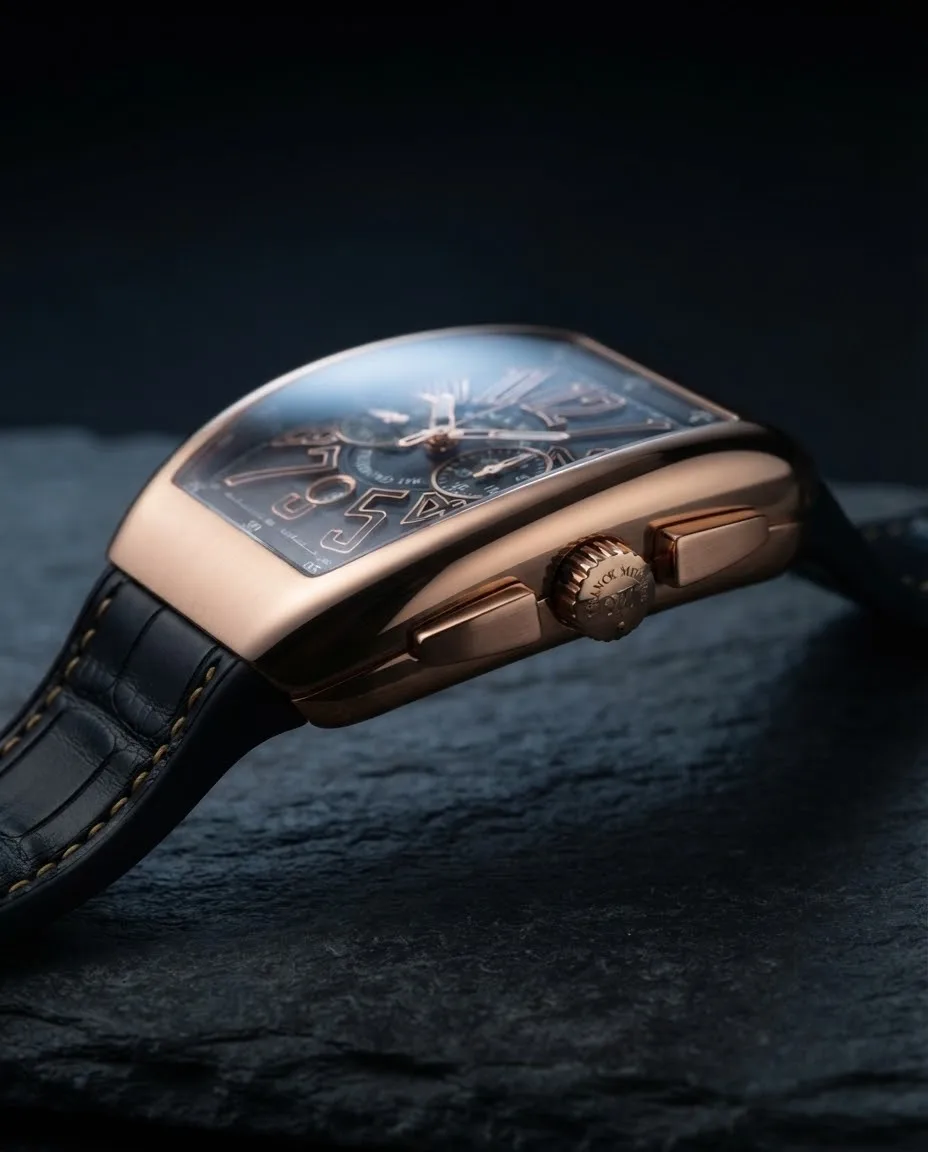Illustrative render — reading the listing of the Franck Muller Vanguard V 45 CC DT 5N NR chronograph (18k rose gold, black dial, black leather-top strap)