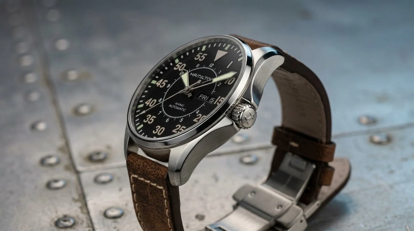 Illustrative render — khaki aviation lineage of the Hamilton Khaki Aviation Pilot Auto