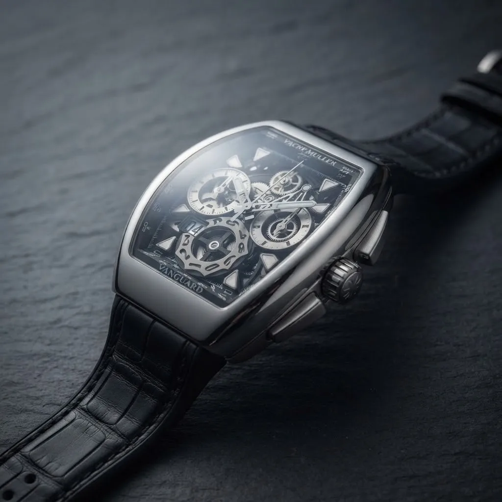 Illustrative render — reading the listing of the Franck Muller Vanguard Grande Date chronograph V 45 CC GD SQT (steel, skeleton dial, black alligator strap)
