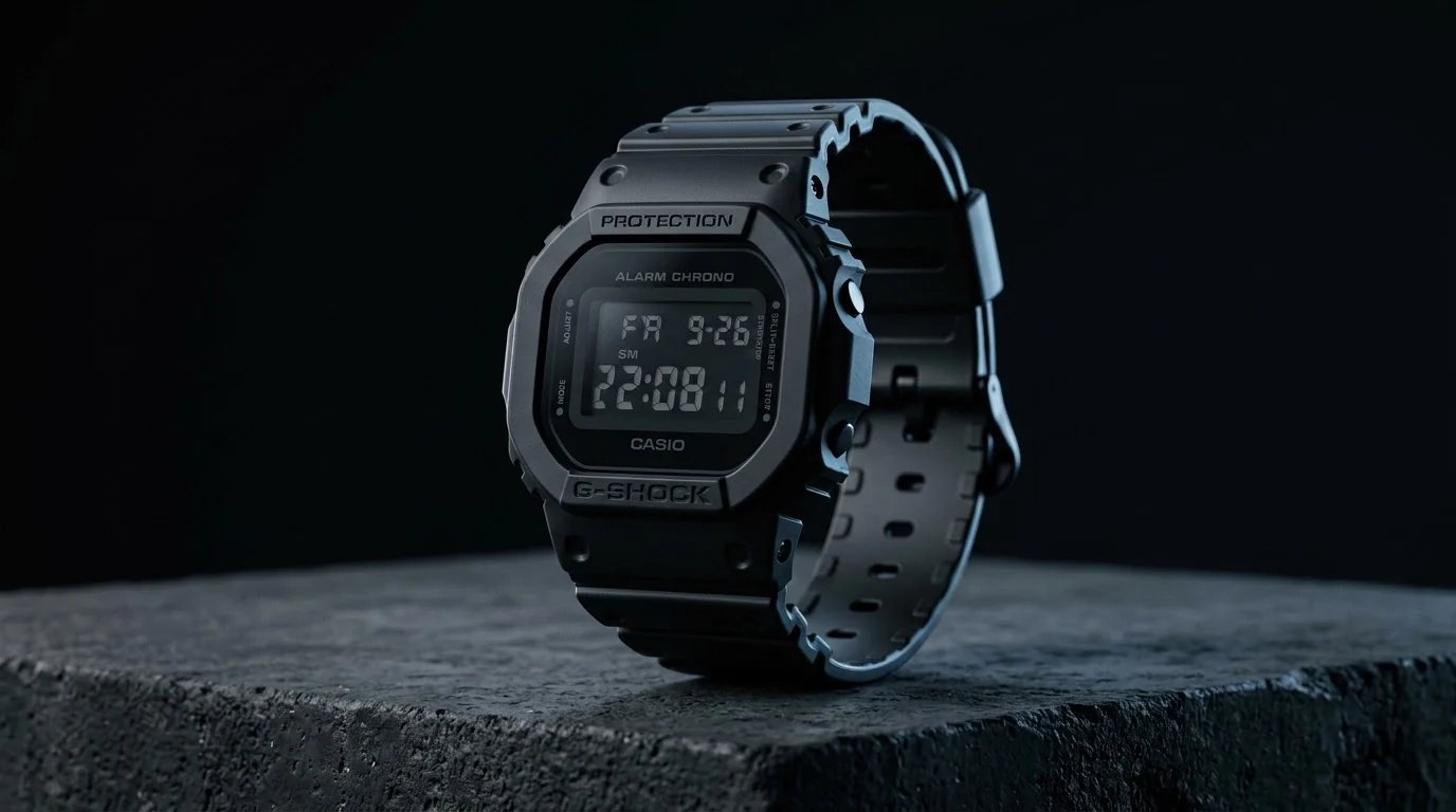 Illustrative render — the 1983 shape of the Casio G-Shock DW-5600 Square
