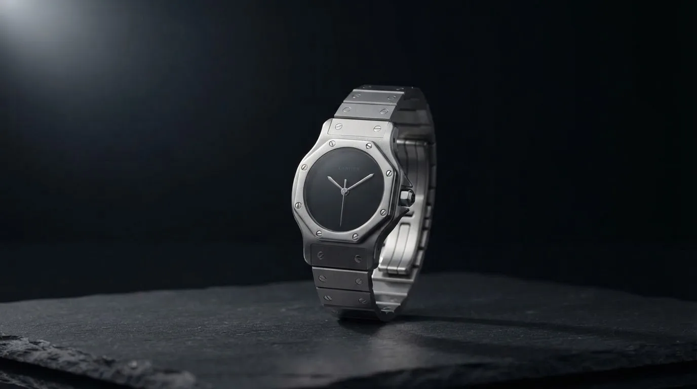 Illustrative render — reading the listing of the Cartier Santos Octagon (steel, black dial)