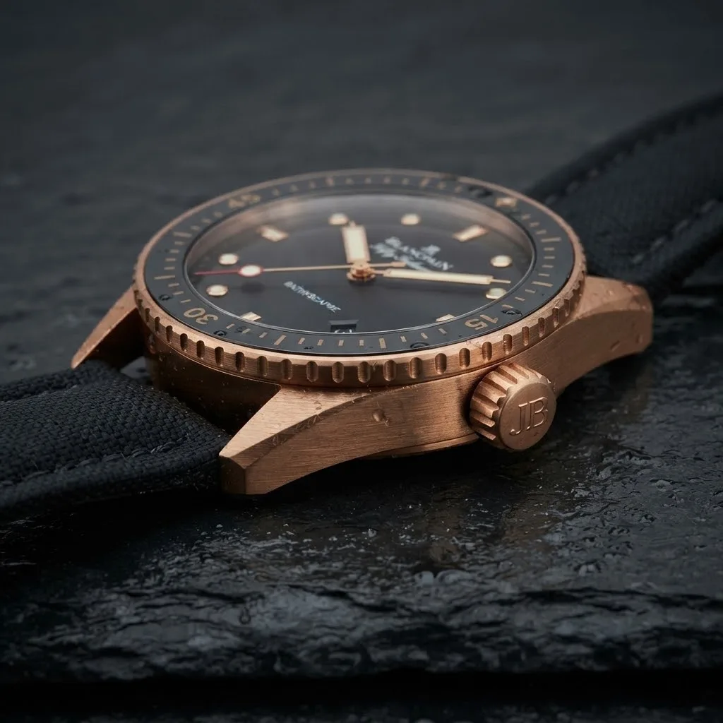 Illustrative render — reading the listing of the Blancpain Fifty Fathoms Bathyscaphe 5000-36S30-B52A (18k red gold, black ceramic bezel, sail-canvas strap)