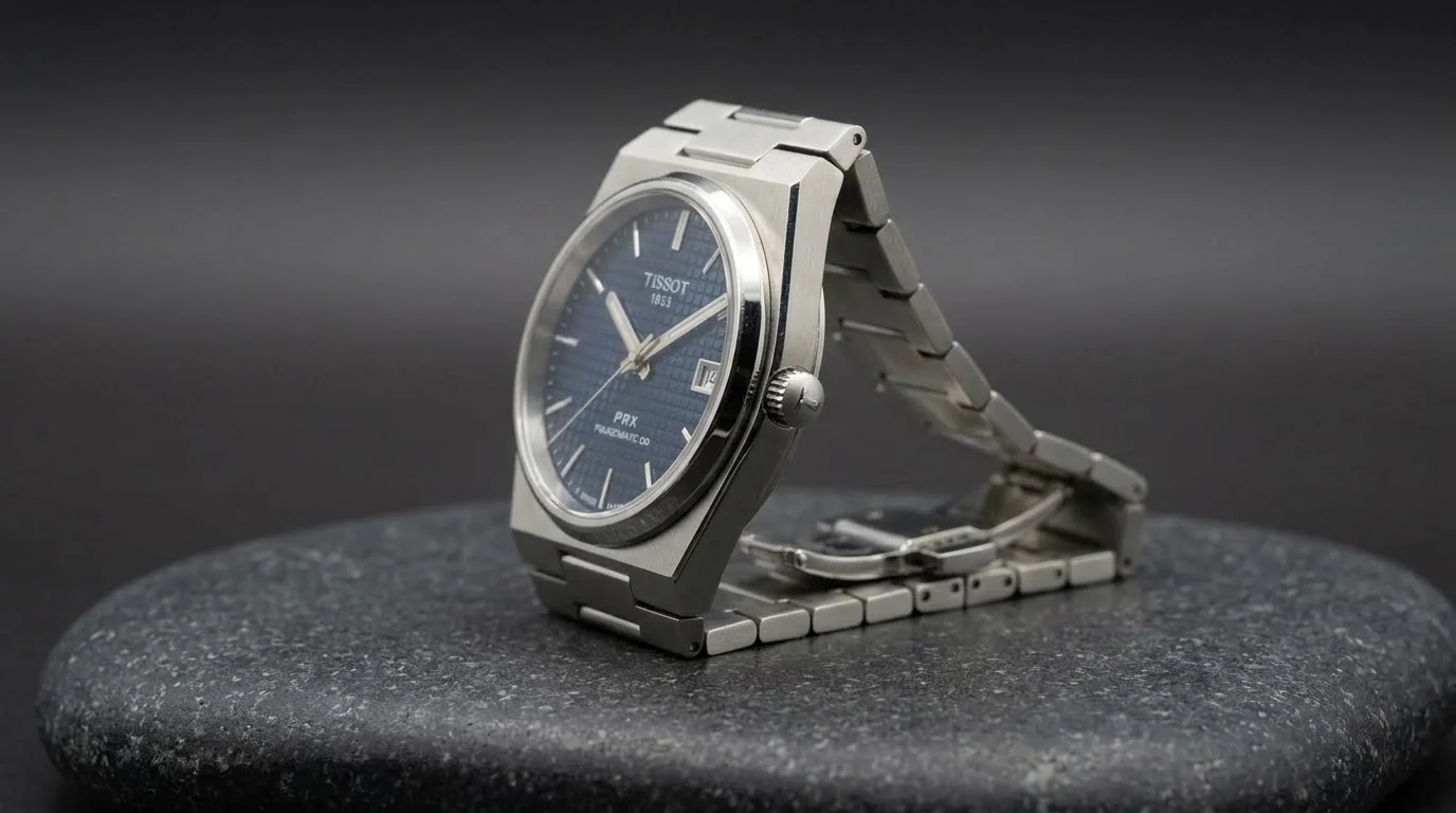 Illustrative render — a 1978 case, again of the Tissot PRX Powermatic 80 35mm
