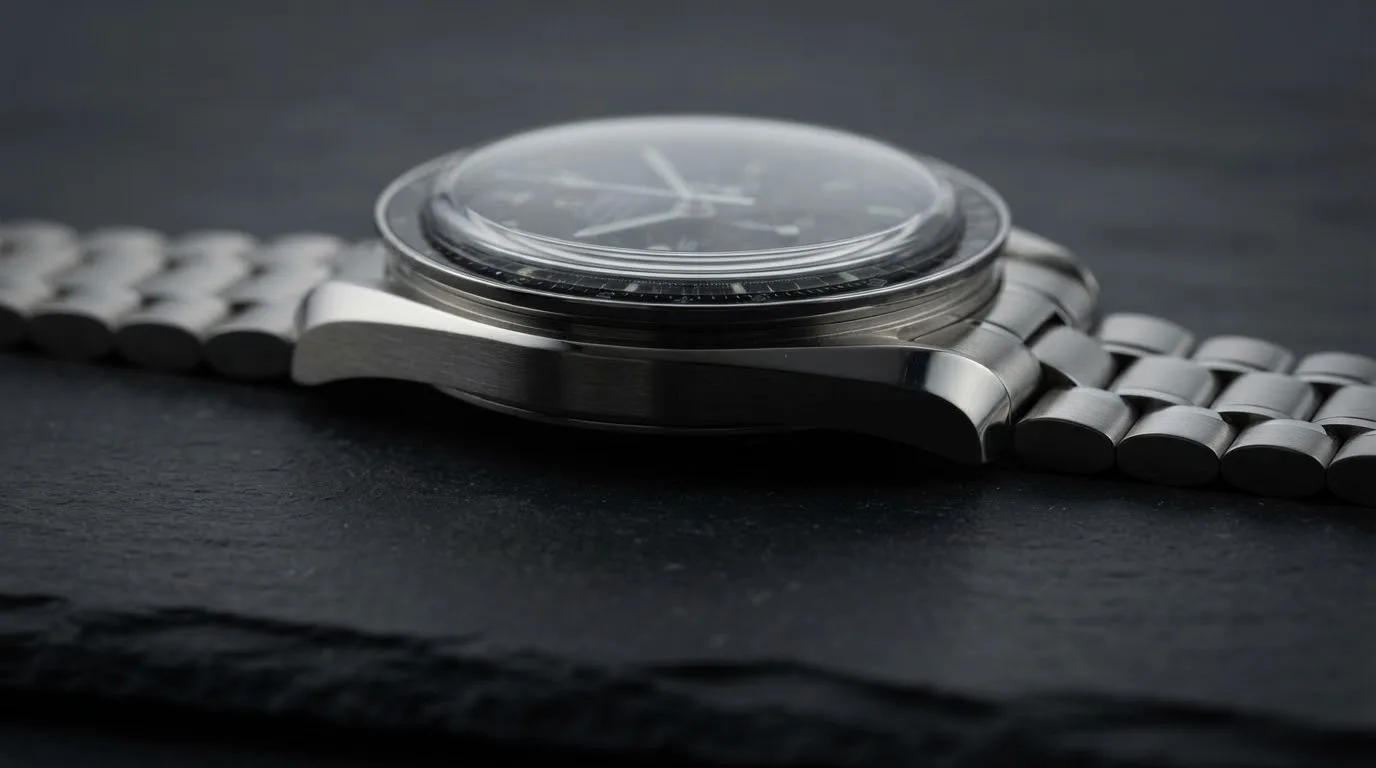 Illustrative render — reading the listing of the Omega Speedmaster Moonwatch Professional Co-Axial Master Chronometer 42mm 310.30.42.50.01.001 (hesalite, steel bracelet)