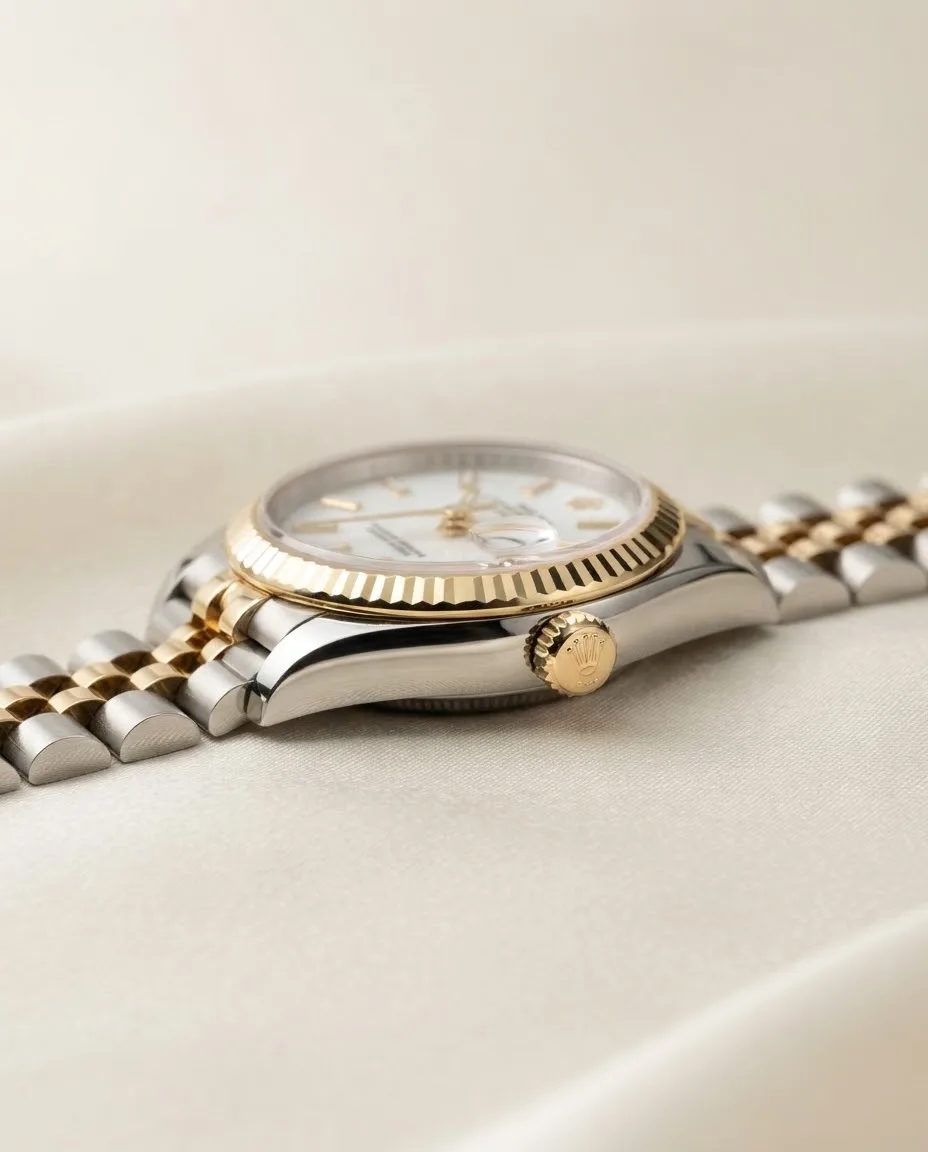 Illustrative render — reading the listing of the Rolex Lady-Datejust 26 79173 (two-tone, cacholong dial with diamond 6 and 9, box and papers)