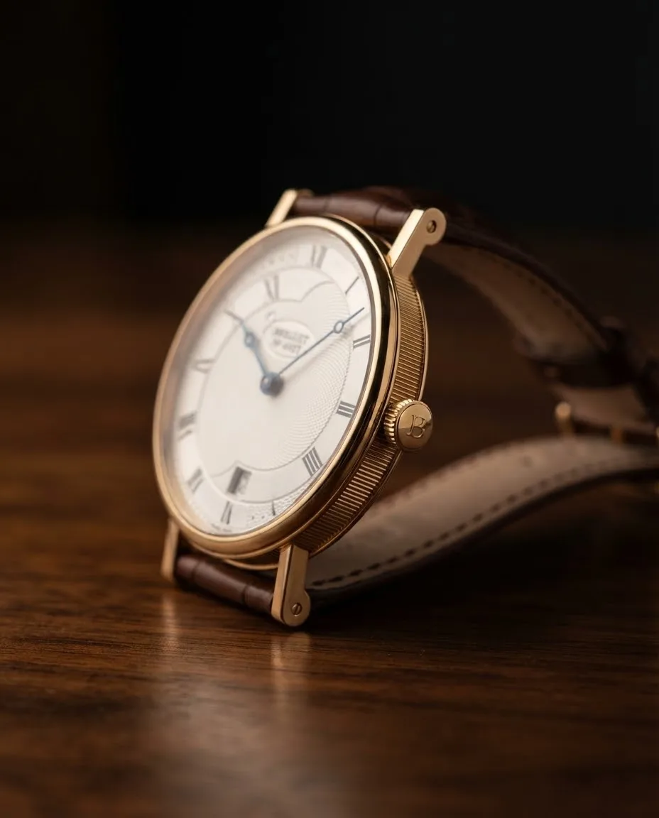 Illustrative render — reading the listing of the Breguet Classique 5197BA (18k yellow gold, silver engine-turned dial)