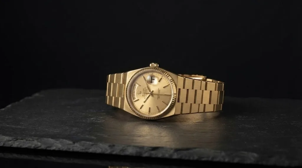 Illustrative render — what the listing says, and what it gets wrong of the Rolex Oysterquartz Day-Date 19018 (18k yellow gold)