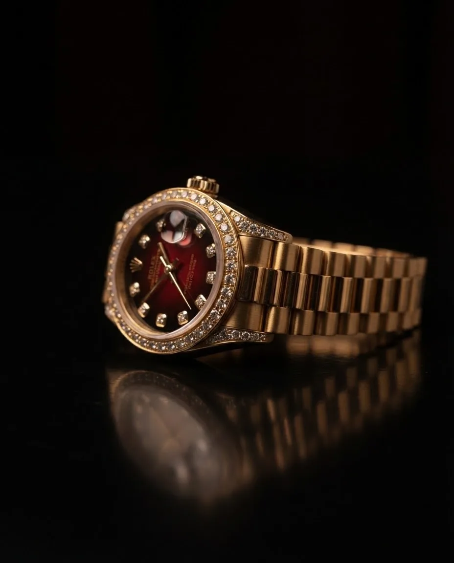 Illustrative render — reading the listing of the Rolex Lady-Datejust 26 (18k gold, diamond bezel and lugs, red vignette dial)