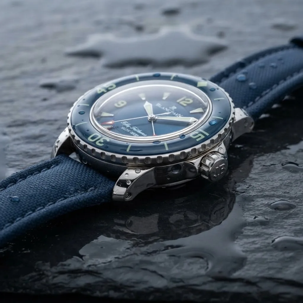 Illustrative render — reading the listing of the Blancpain Fifty Fathoms Automatique 5015-12B40-O52A (steel, blue dial, blue sail-canvas strap)