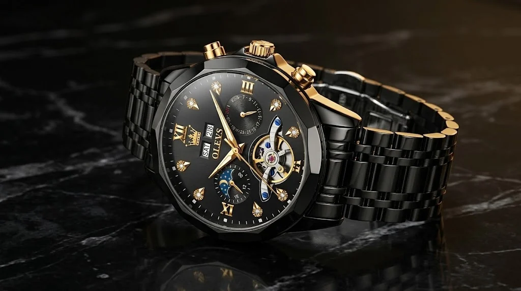 Illustrative render — what could not be verified of the OLEVS Moon Phase Dress Watch