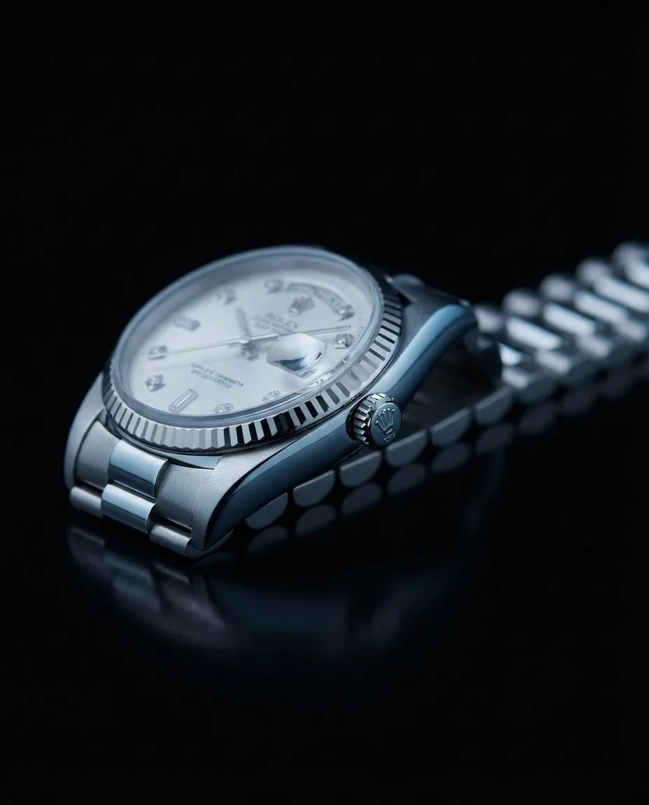 Illustrative render — the diamond dial of the Rolex Day-Date 1803 (18k white gold, diamond dial, President, about 1970)