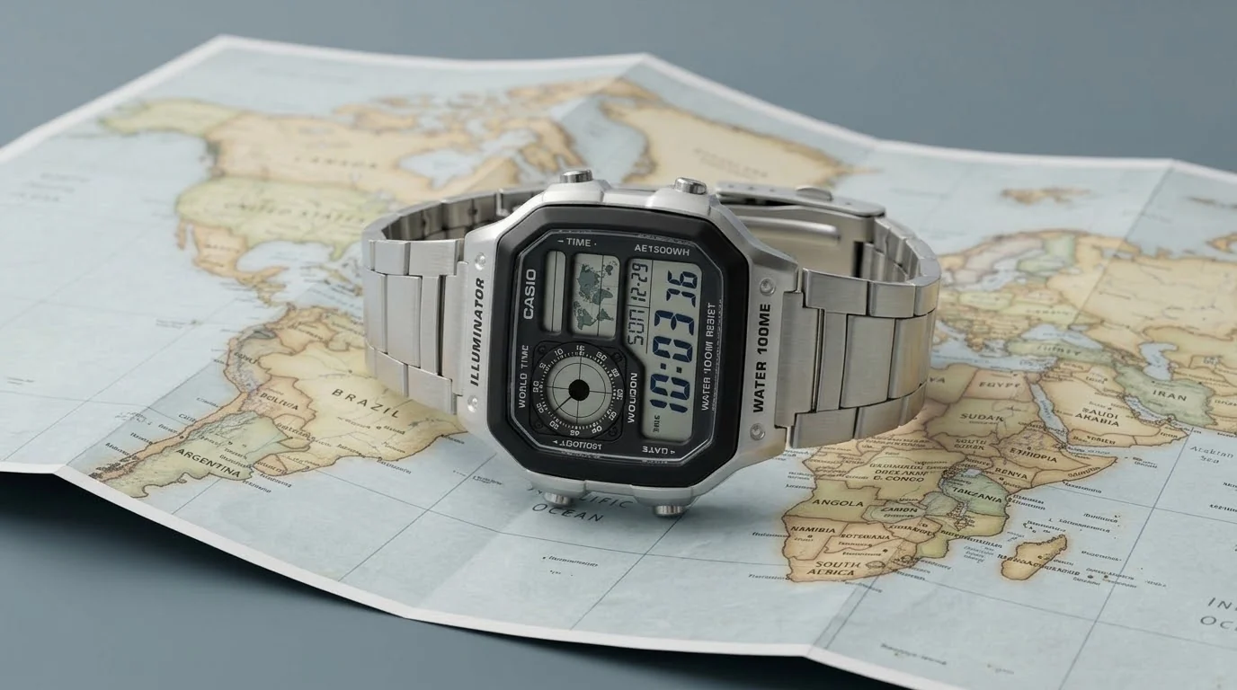 Illustrative render — why the nickname of the Casio AE1200 World Time "Casio Royale"