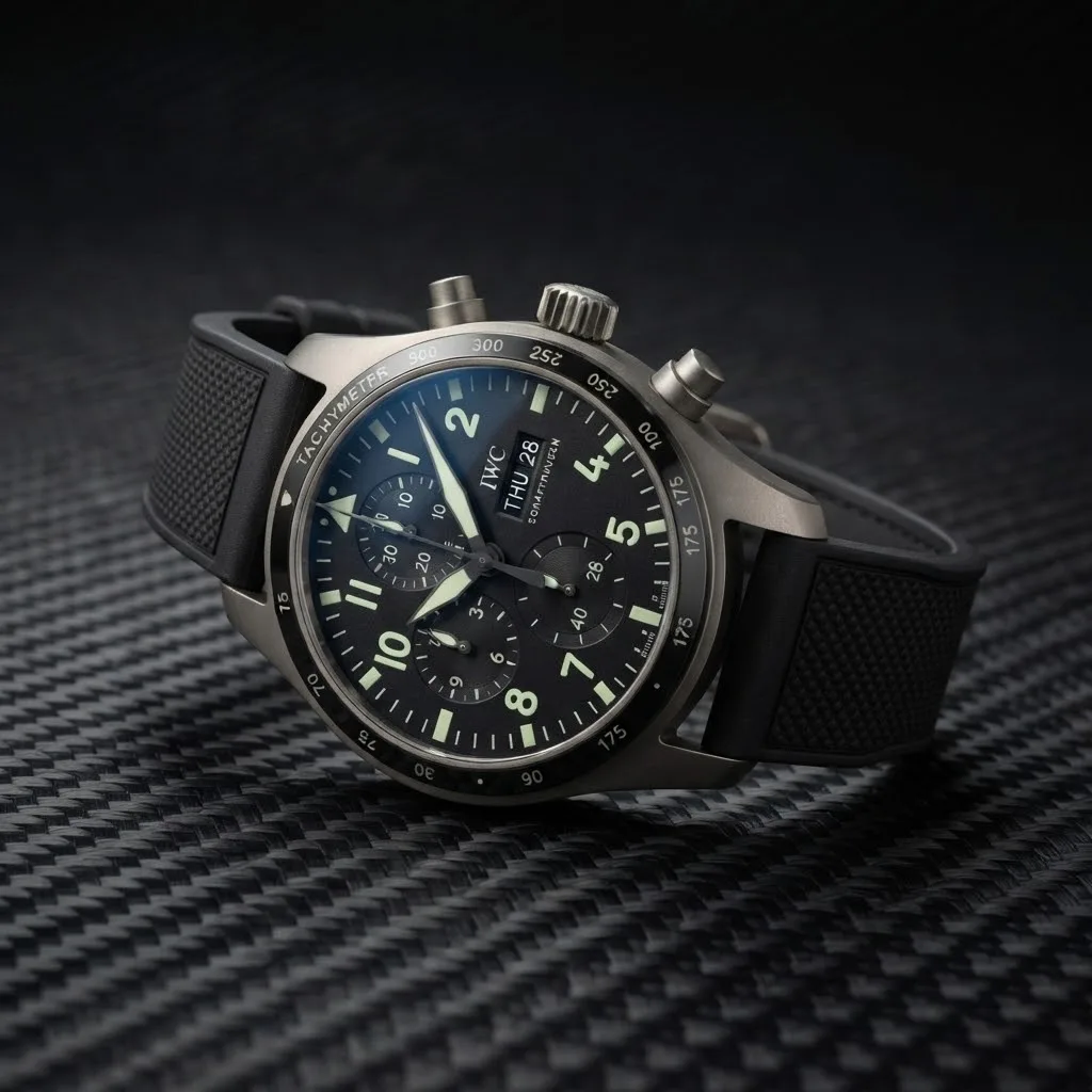 Illustrative render — reading the listing of the IWC Pilot's Watch Performance Chronograph 41 AMG IW388305 (titanium, black ceramic bezel, rubber strap)