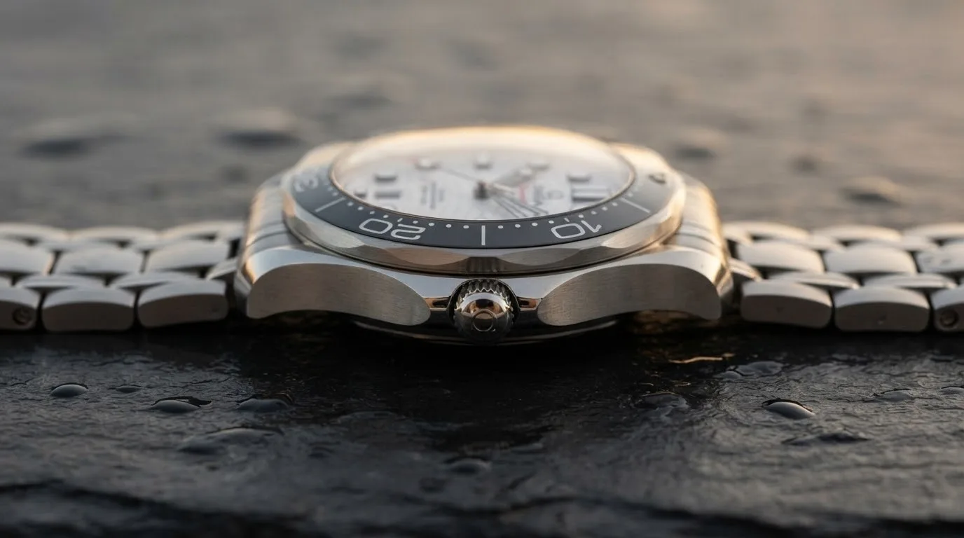 Illustrative render — reading the listing of the Omega Seamaster Diver 300M Co-Axial Master Chronometer 42mm 210.30.42.20.04.001 (steel, white ceramic dial, steel bracelet)