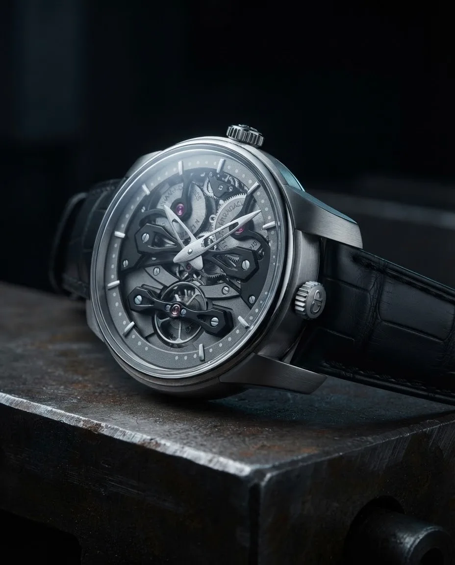 Illustrative render — reading the listing of the Girard-Perregaux Neo Bridges (titanium, black bridges, alligator strap)