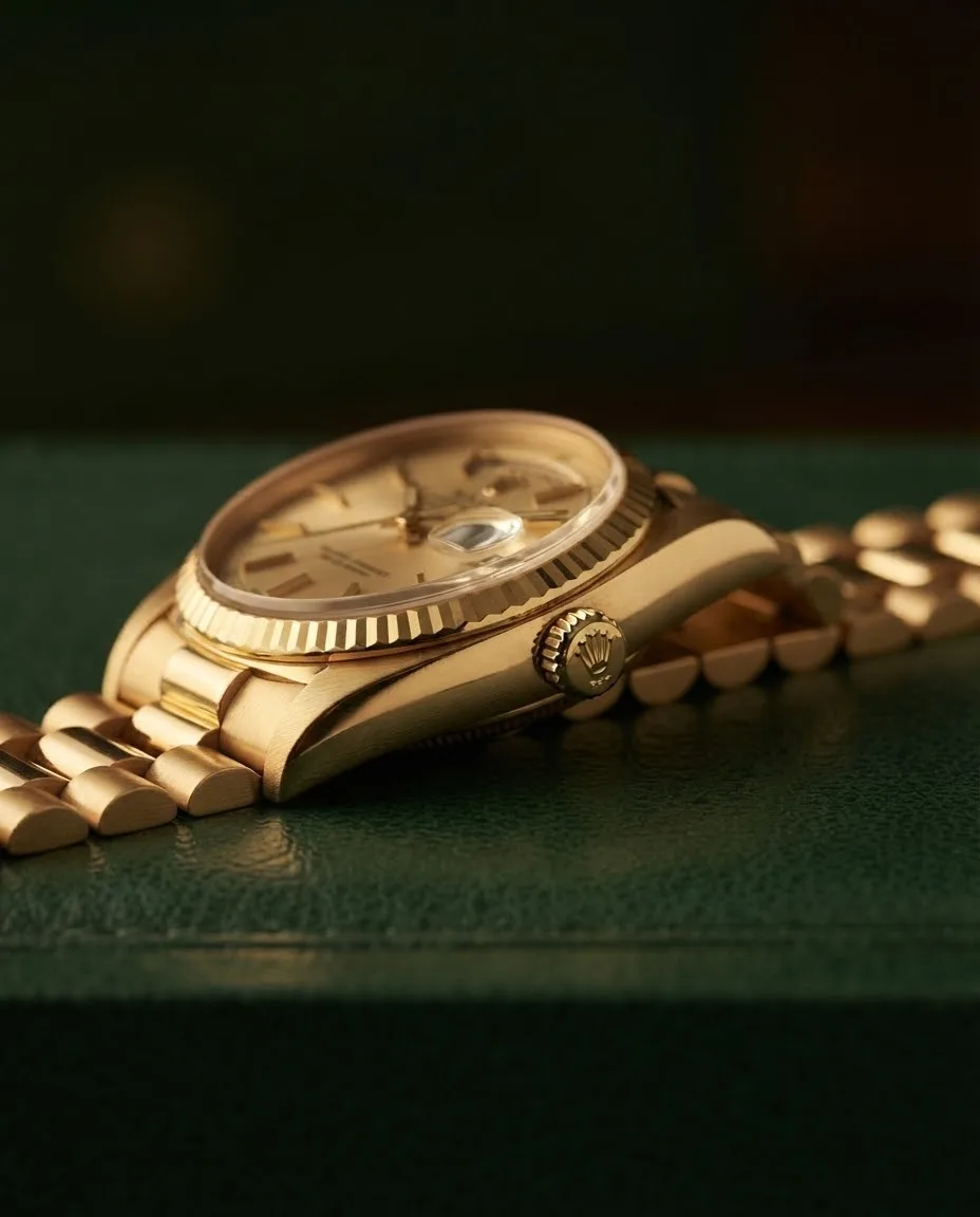 Illustrative render — reading the listing of the Rolex Day-Date 18038 (18k yellow gold, champagne dial, President, box and papers)