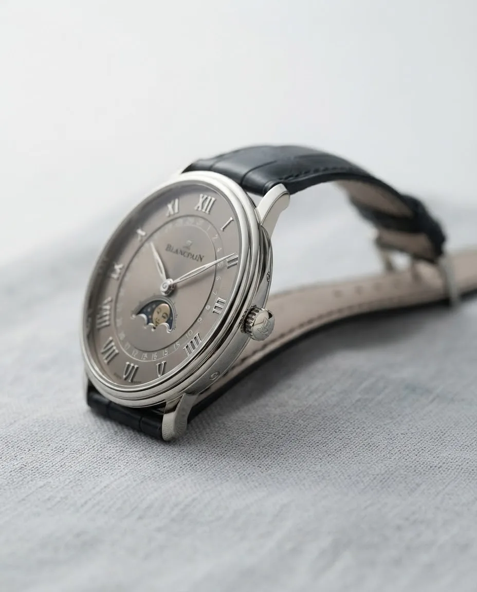 Illustrative render — reading the listing of the Blancpain Villeret Quantieme Complet (18k white gold, taupe dial)