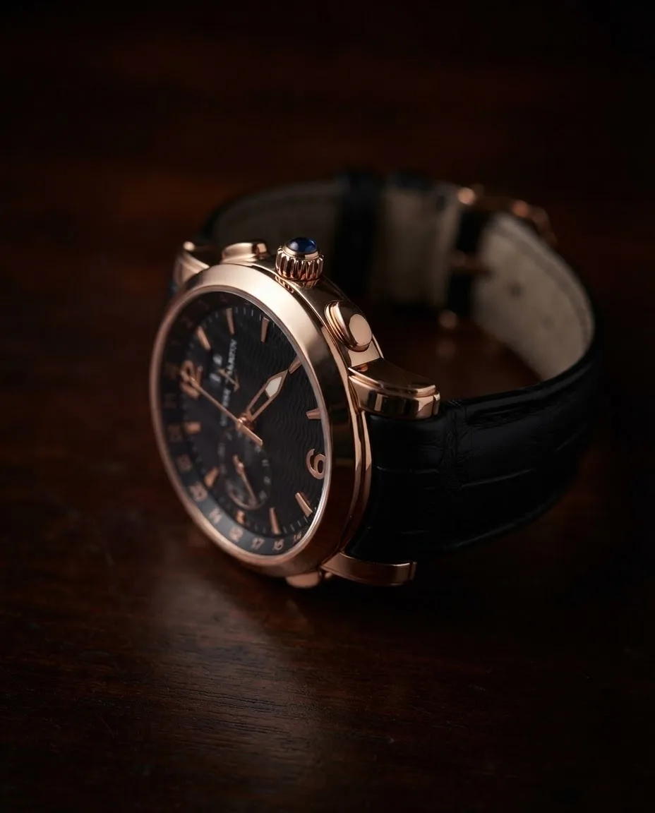 Illustrative render — reading the listing of the Ulysse Nardin GMT Perpetual 326-60/62 (18k rose gold, black dial)